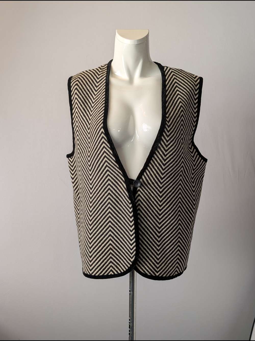 Wool With Velvet Trim, Black And White Chevron Stripe Knit Vest Vintage